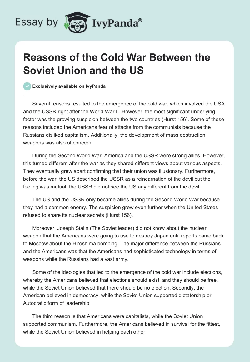 Reasons of the Cold War Between the Soviet Union and the US. Page 1