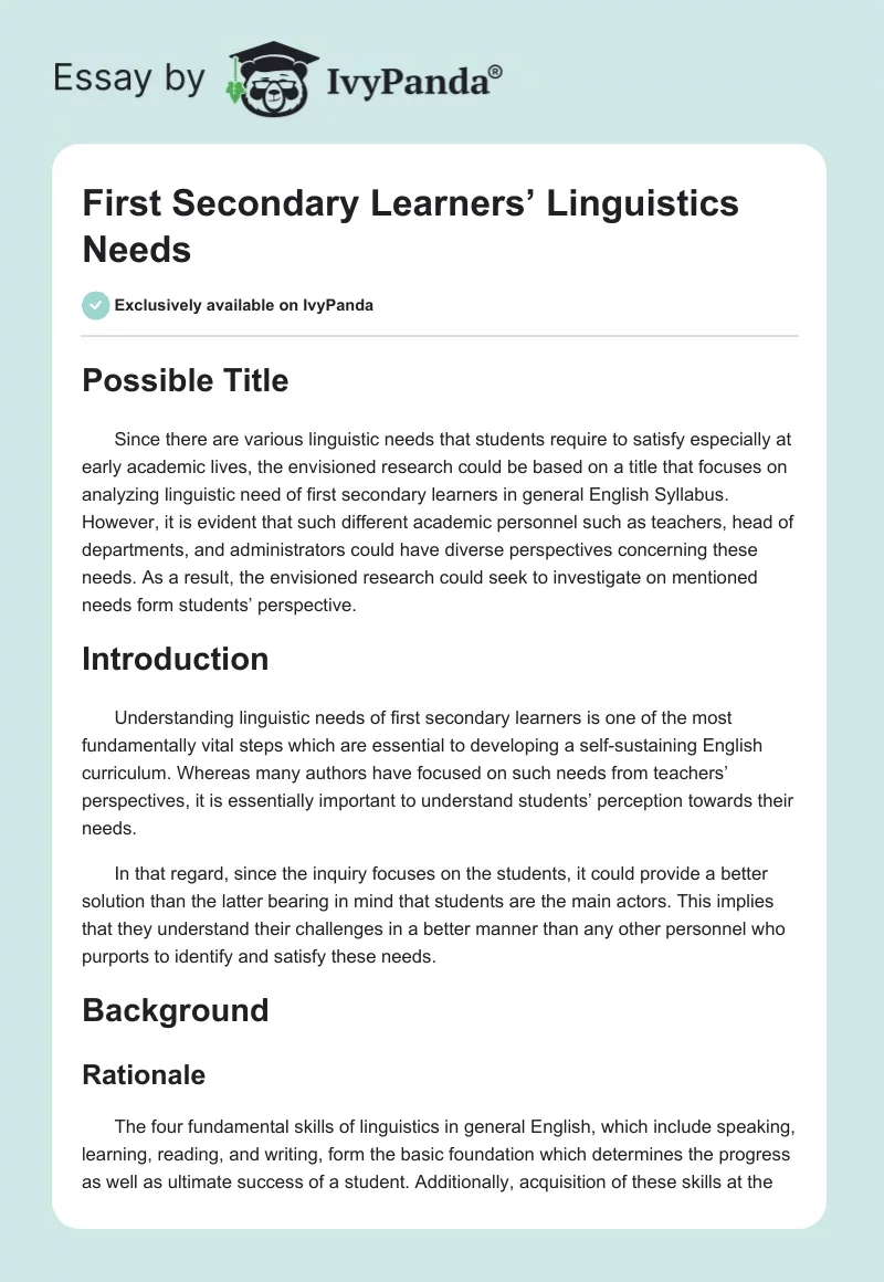 First Secondary Learners’ Linguistics Needs. Page 1