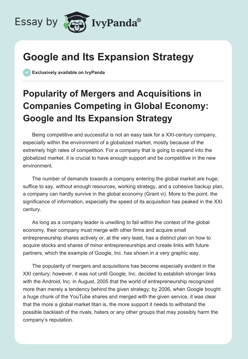 Google and Its Expansion Strategy. Page 1