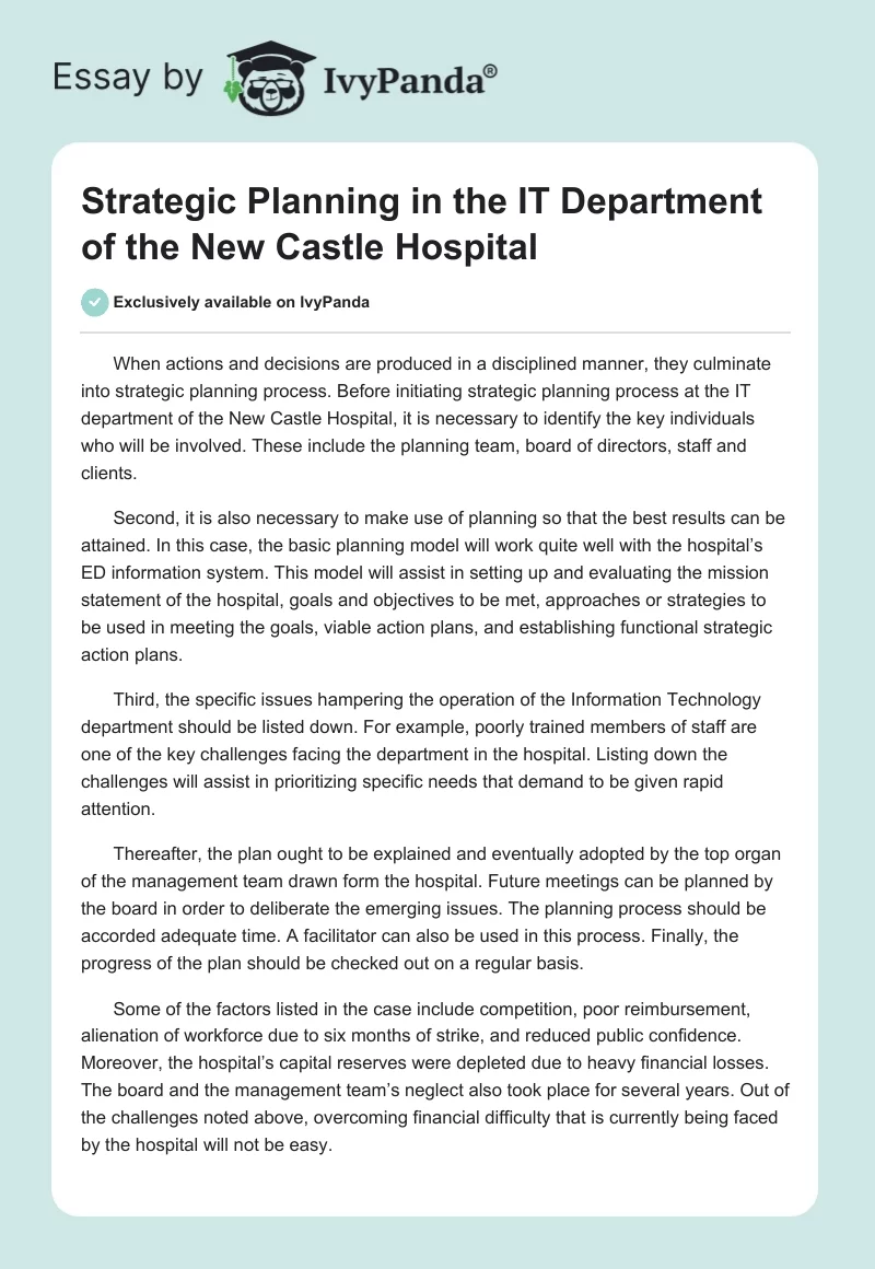 Strategic Planning in the IT Department of the New Castle Hospital. Page 1