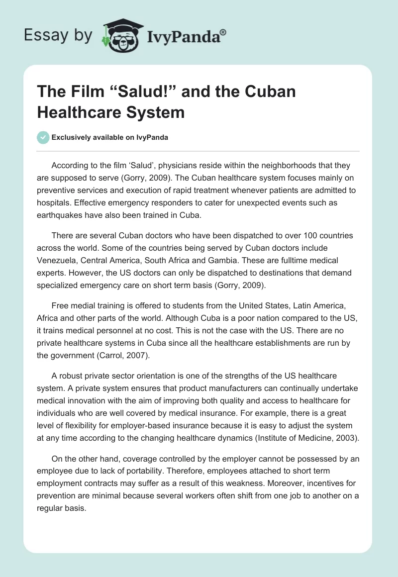 The Film “Salud!” and the Cuban Healthcare System. Page 1