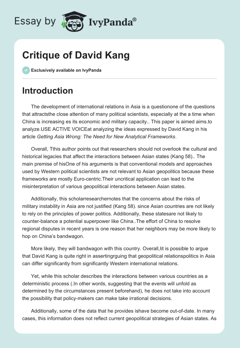 Critique of David Kang. Page 1