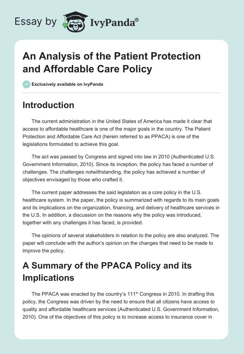 An Analysis of the Patient Protection and Affordable Care Policy. Page 1