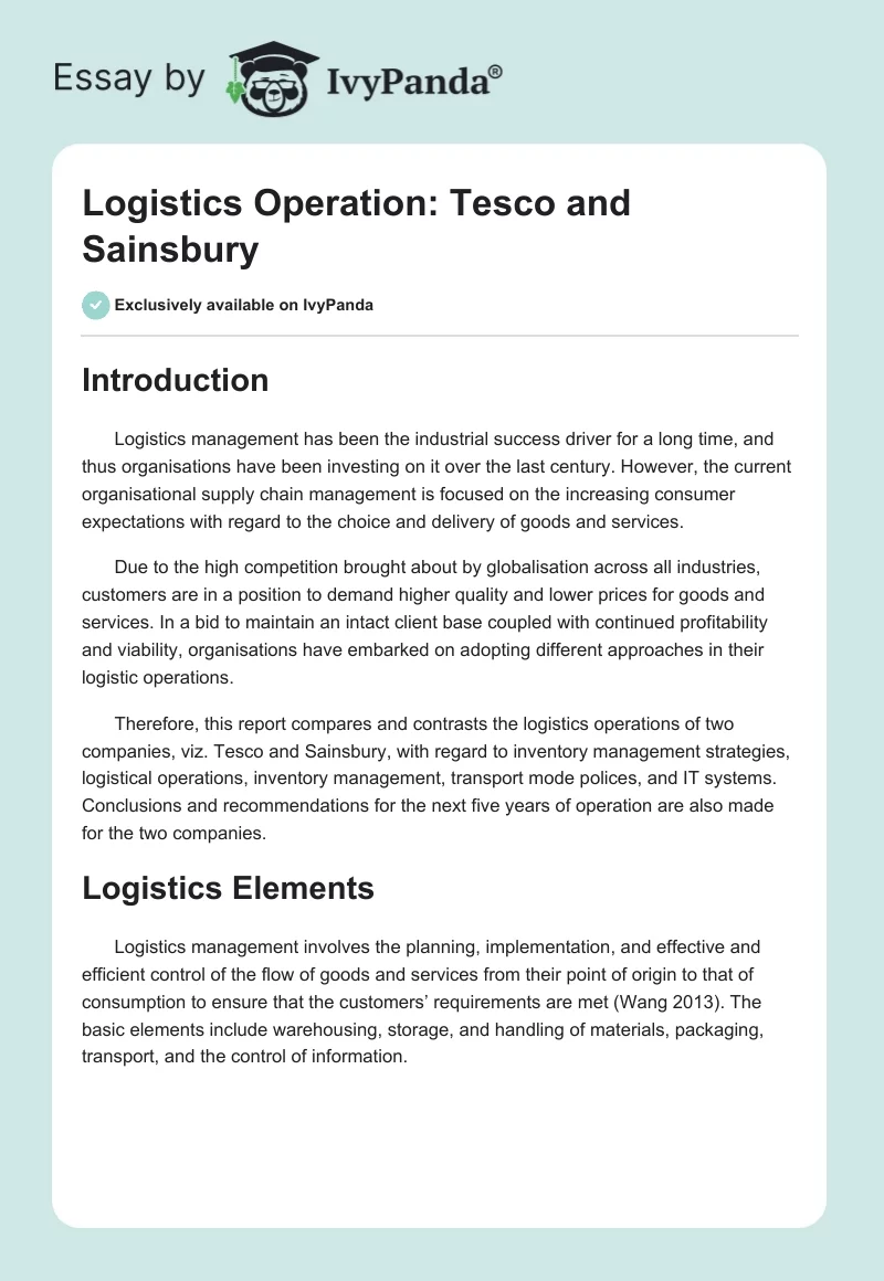 Logistics Operation: Tesco and Sainsbury. Page 1