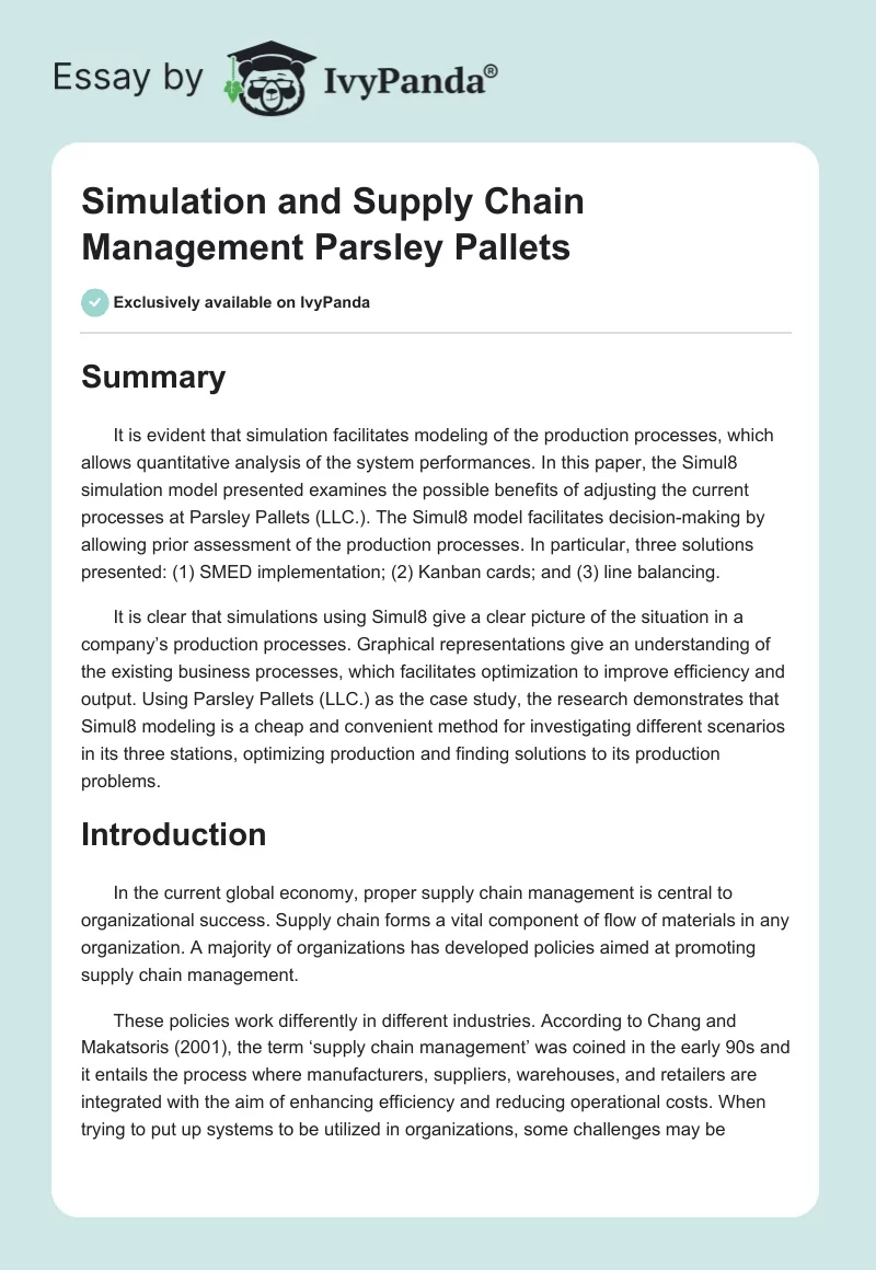 Simulation and Supply Chain Management Parsley Pallets. Page 1