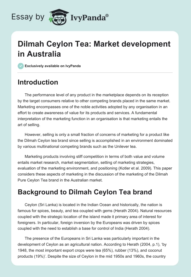Dilmah Ceylon Tea: Market Development in Australia. Page 1
