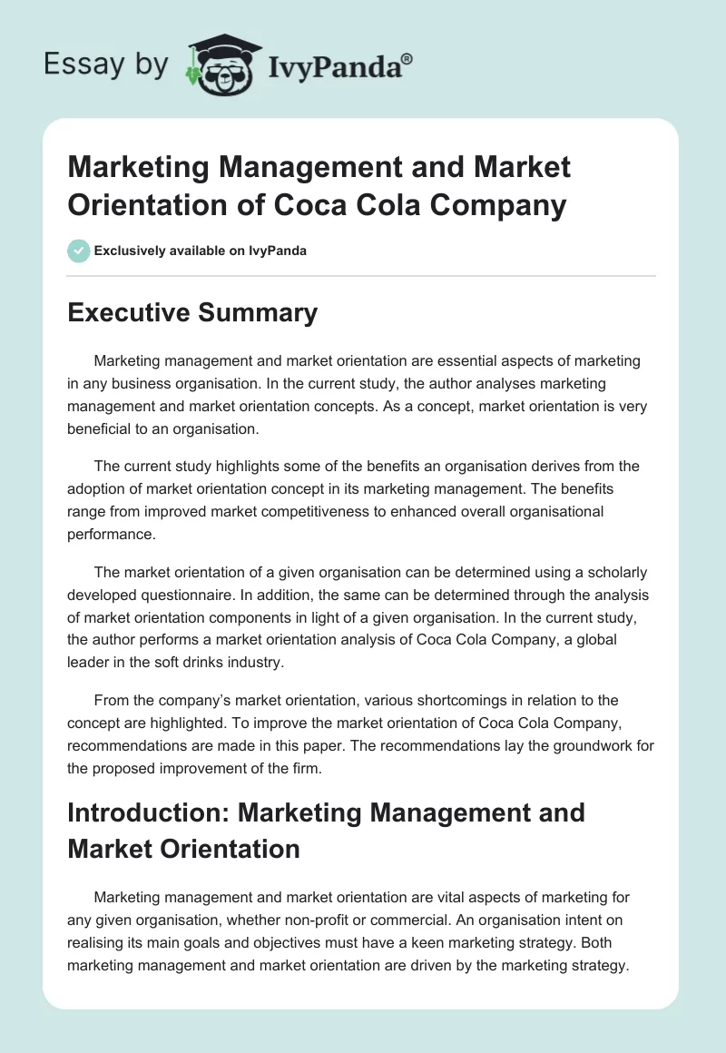 Marketing Management and Market Orientation of Coca Cola Company. Page 1