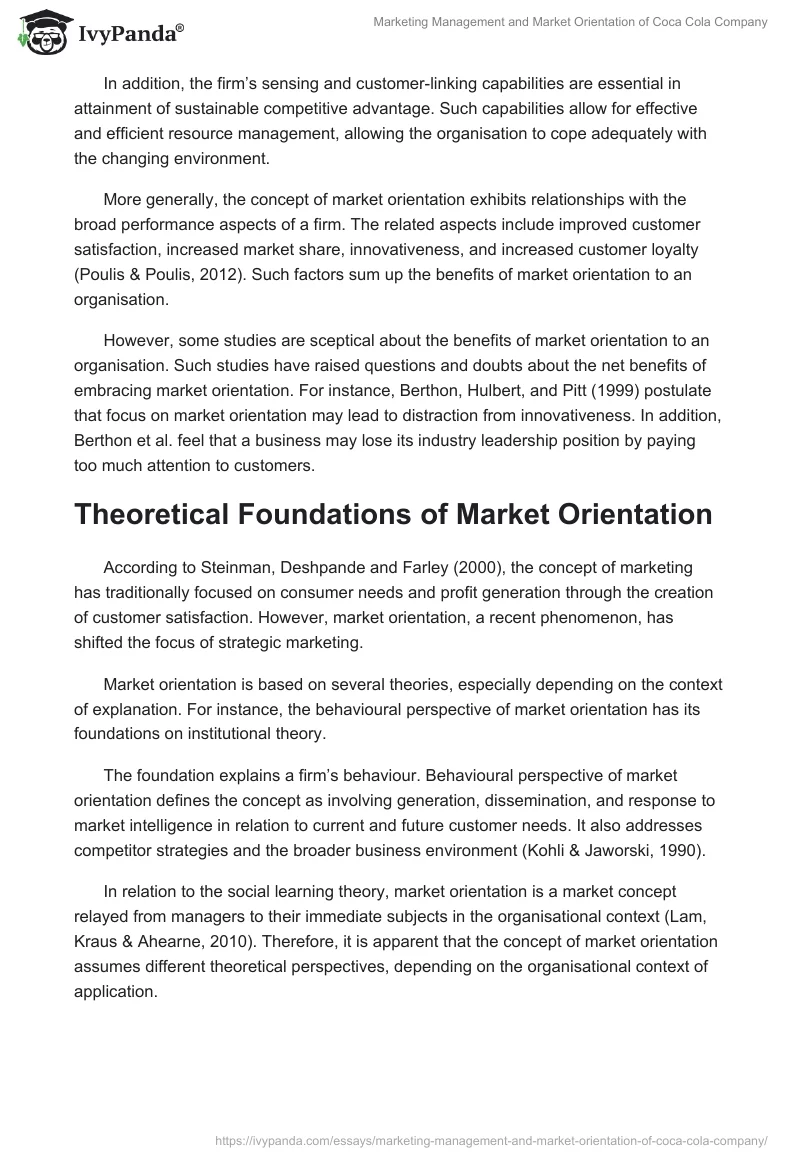 Marketing Management and Market Orientation of Coca Cola Company. Page 4