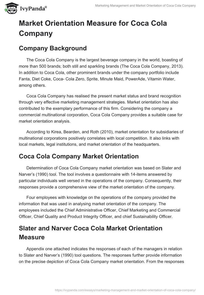 Marketing Management and Market Orientation of Coca Cola Company. Page 5