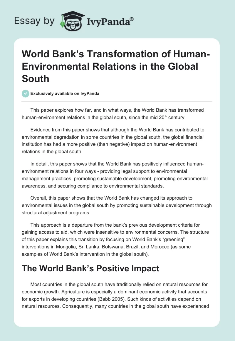 World Bank’s Transformation of Human-Environmental Relations in the Global South. Page 1