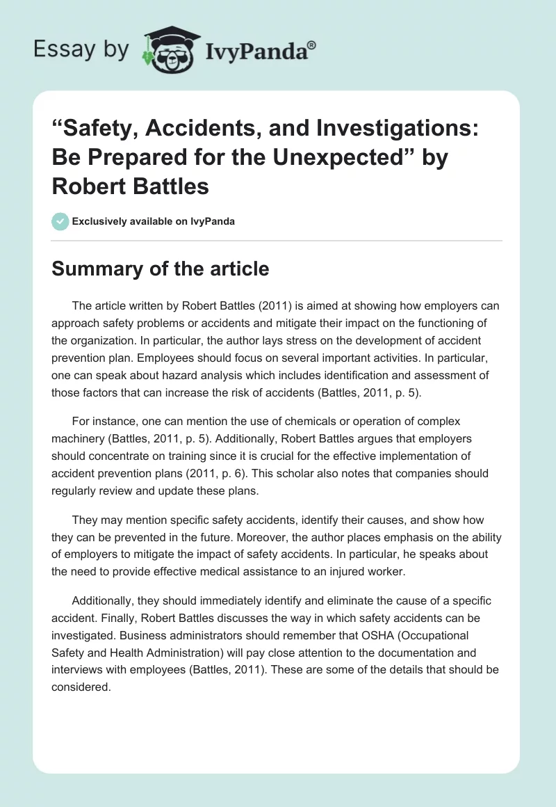 “Safety, Accidents, and Investigations: Be Prepared for the Unexpected” by Robert Battles. Page 1