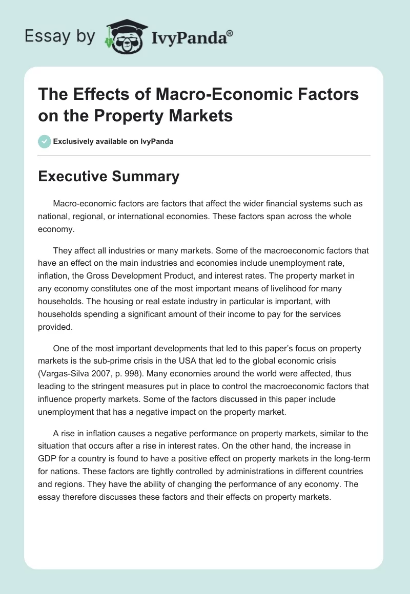 The Effects of Macro-Economic Factors on the Property Markets. Page 1