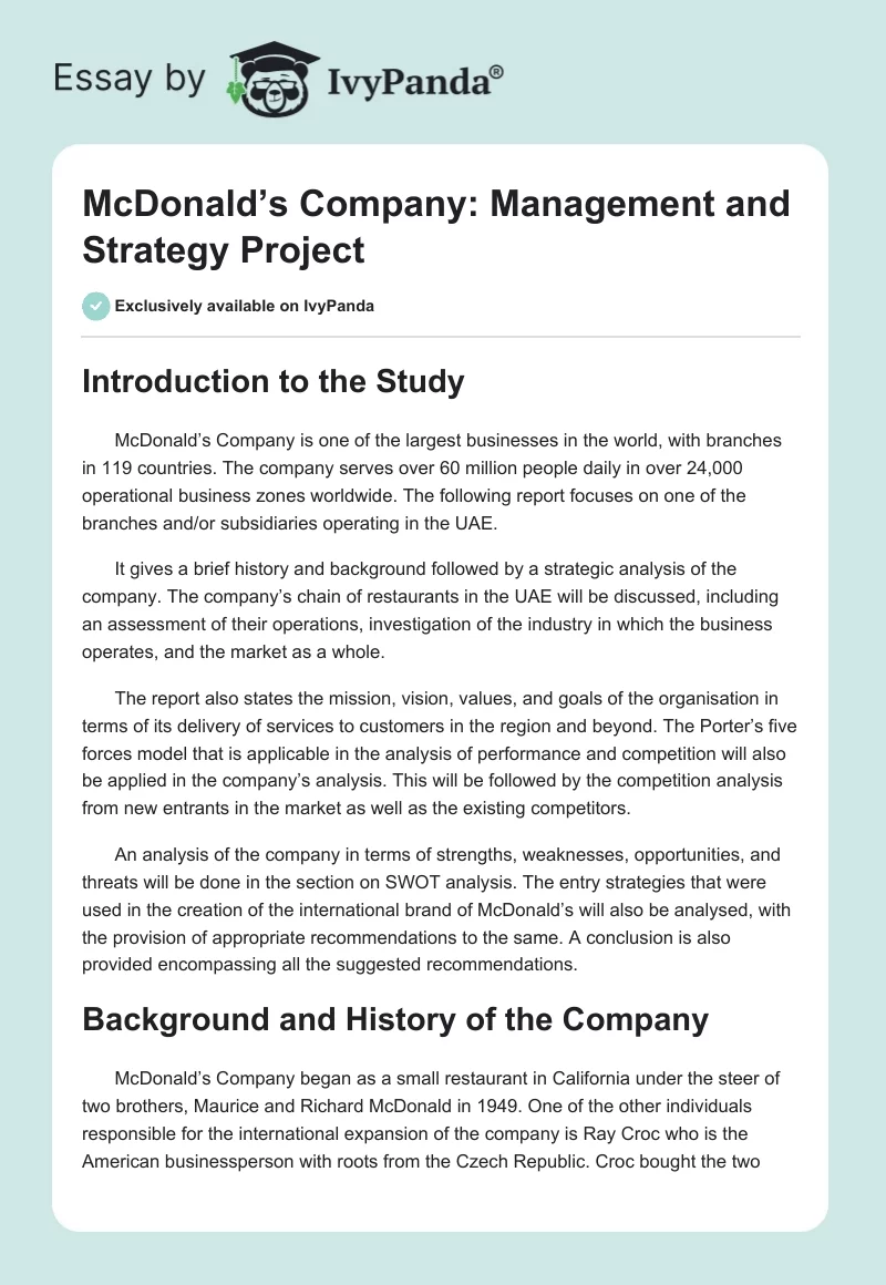 McDonald’s Company: Management and Strategy Project. Page 1