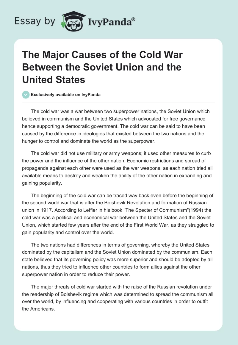The Major Causes of the Cold War Between the Soviet Union and the United States. Page 1