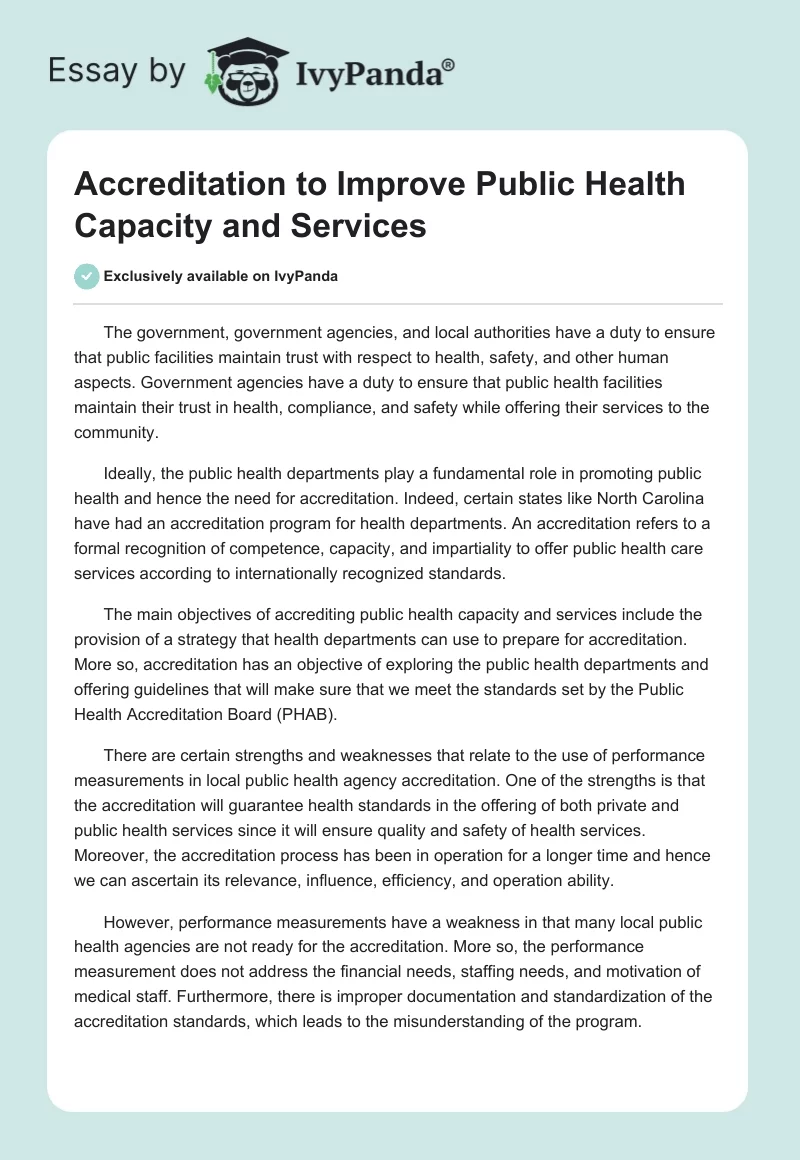 Accreditation to Improve Public Health Capacity and Services. Page 1
