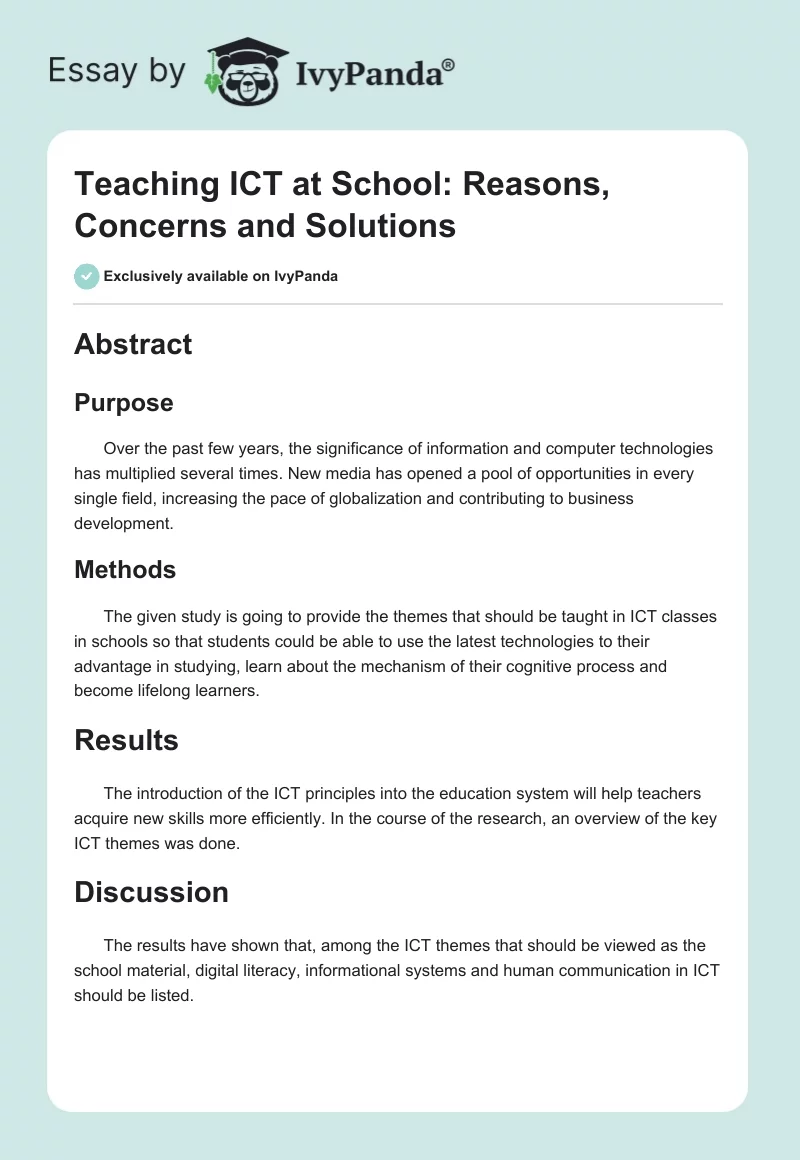 Teaching ICT at School: Reasons, Concerns and Solutions. Page 1