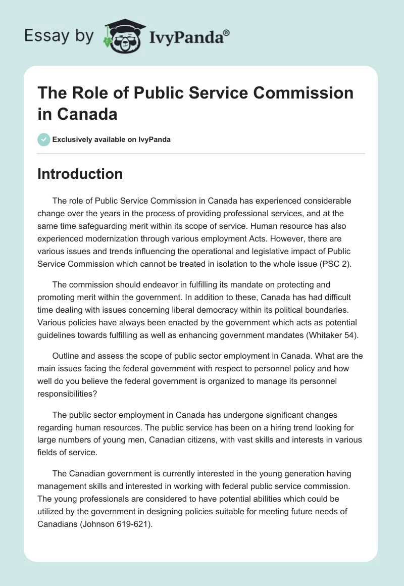 The Role of Public Service Commission in Canada . Page 1