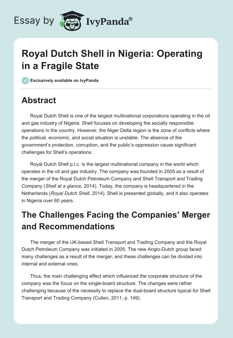 Royal Dutch Shell in Nigeria: Operating in a Fragile State. Page 1