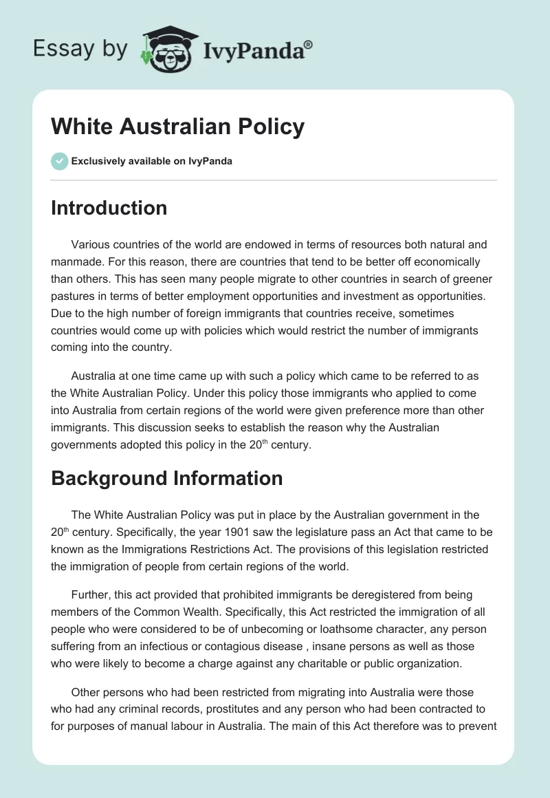 White Australian Policy. Page 1