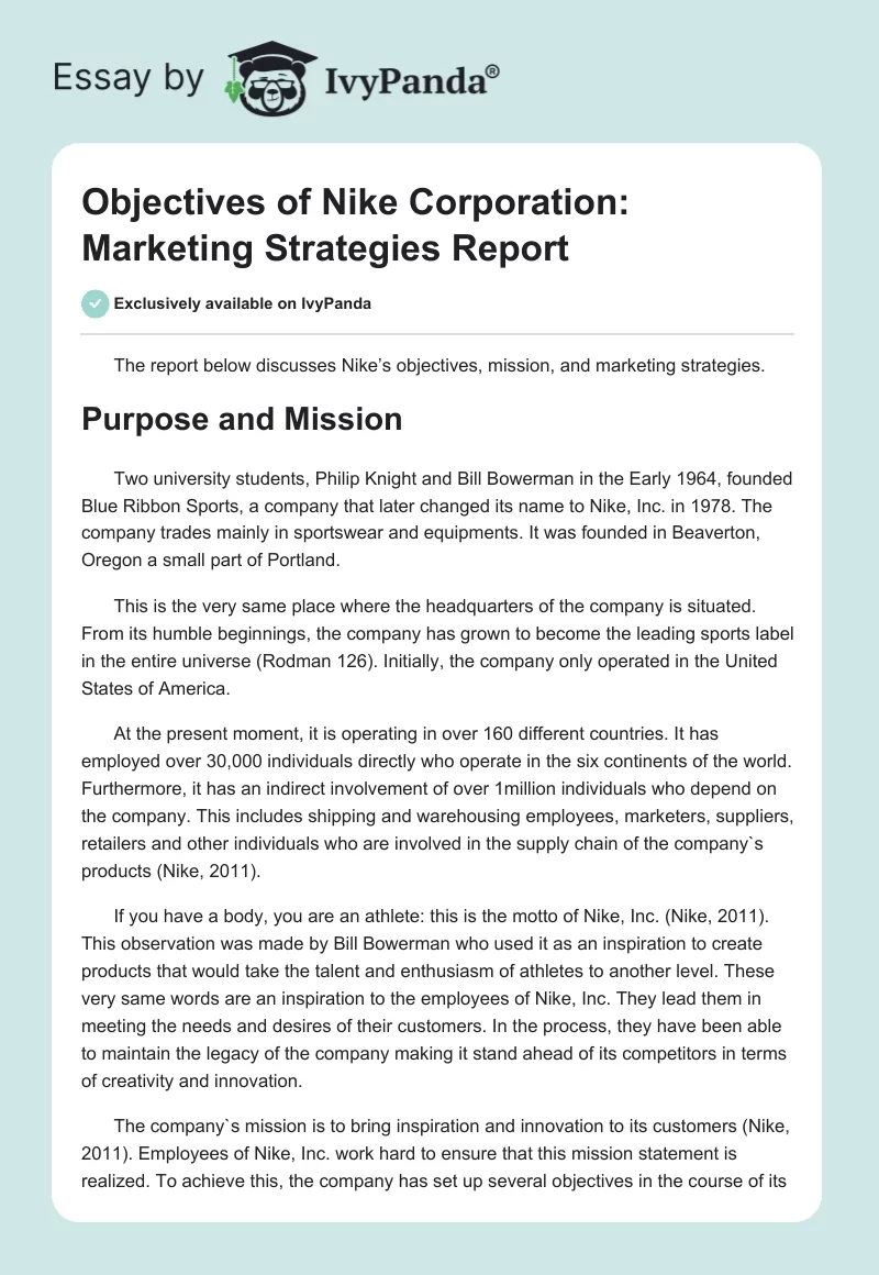 Objectives of Nike Corporation: Marketing Strategies Report. Page 1