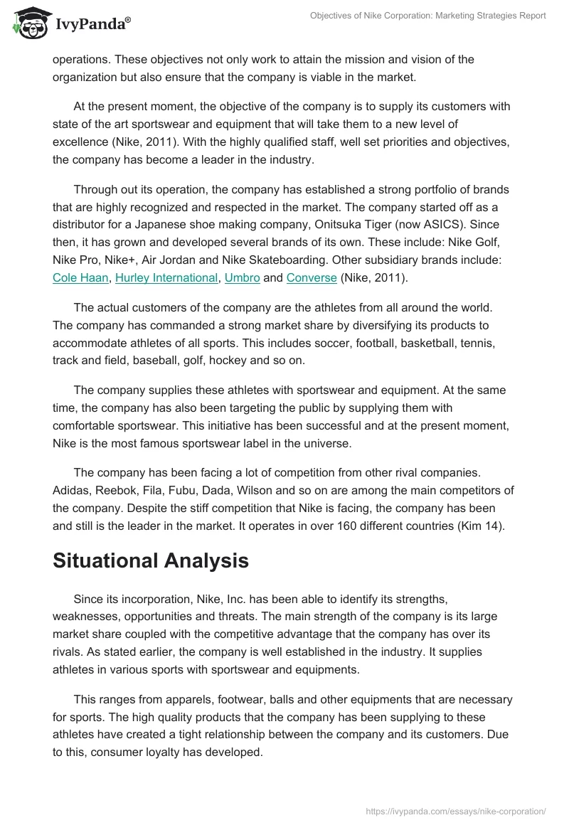 Objectives of Nike Corporation: Marketing Strategies Report. Page 2