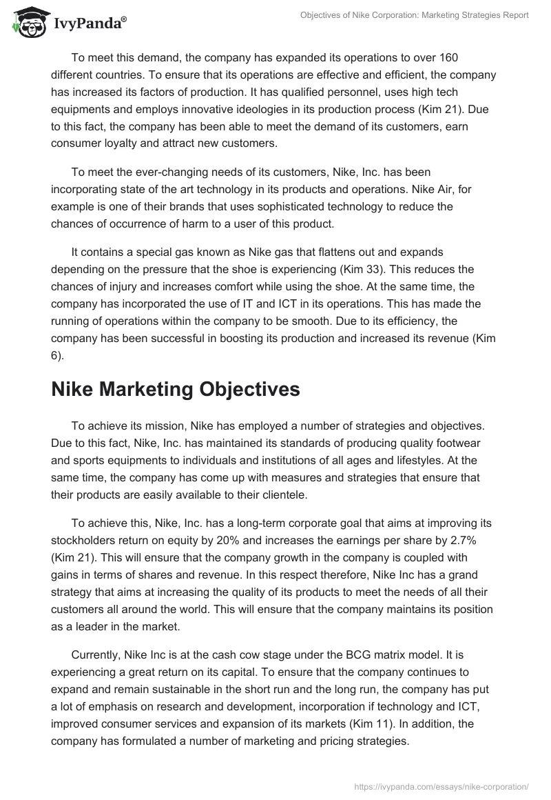 Objectives of Nike Corporation: Marketing Strategies Report. Page 4