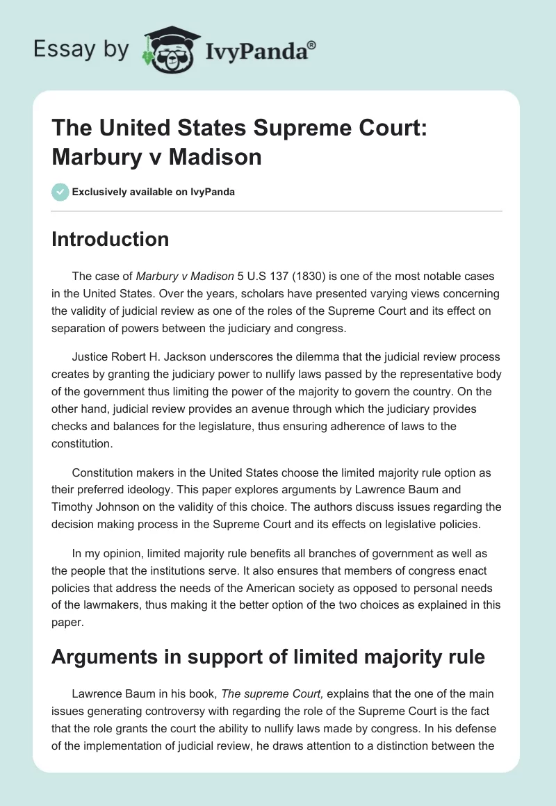 The United States Supreme Court: Marbury vs. Madison. Page 1