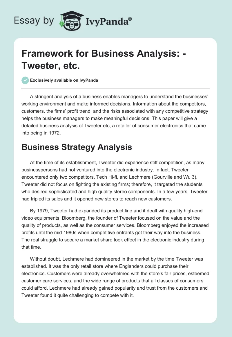 Framework for Business Analysis: - Tweeter, etc.. Page 1