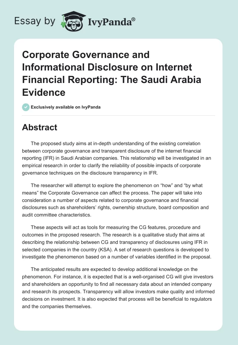 Corporate Governance and Informational Disclosure on Internet Financial Reporting: The Saudi Arabia Evidence. Page 1