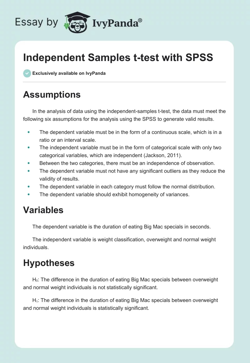 Independent Samples t-test with SPSS. Page 1