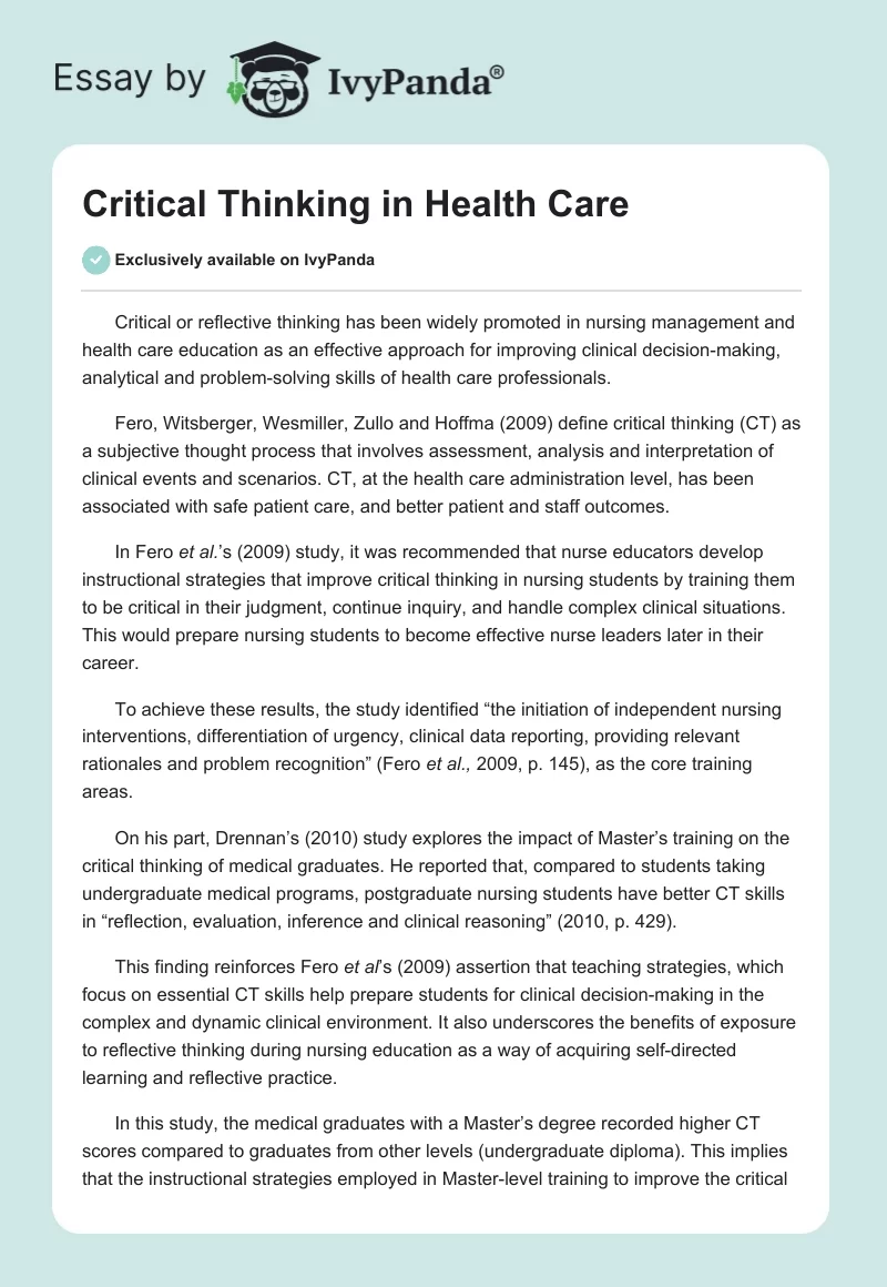 Critical Thinking in Health Care. Page 1