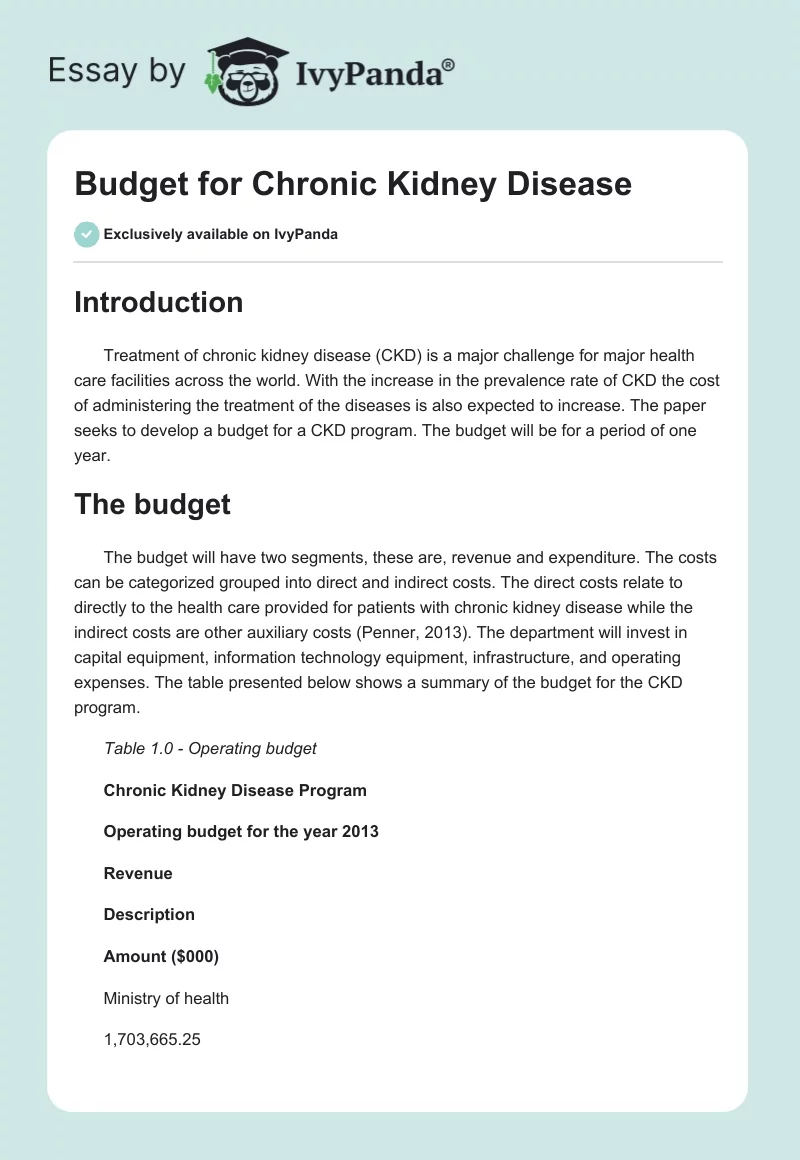 Budget for Chronic Kidney Disease. Page 1