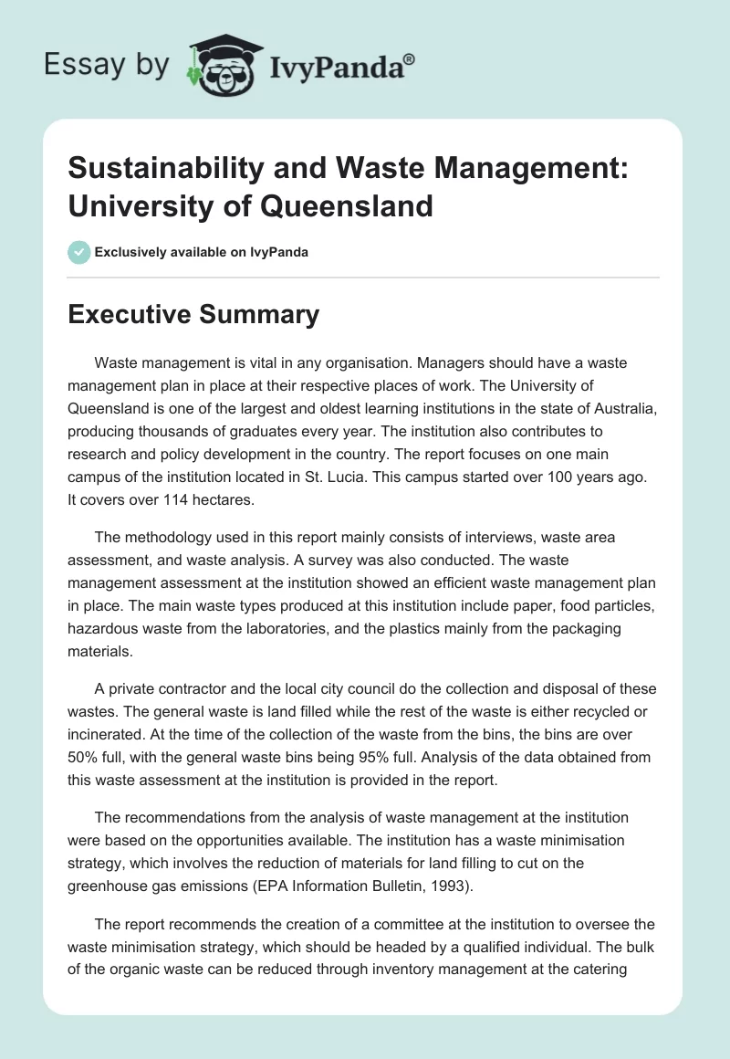 Sustainability and Waste Management: University of Queensland. Page 1