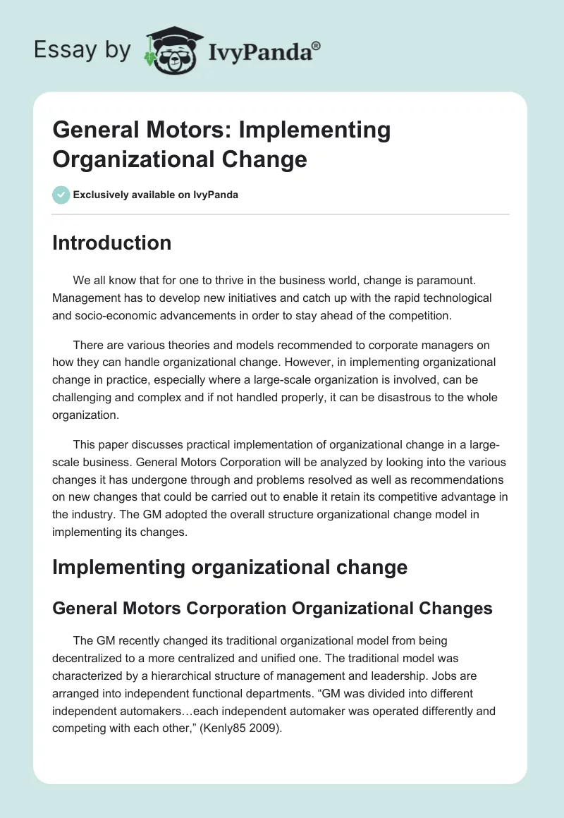 General Motors: Implementing Organizational Change. Page 1