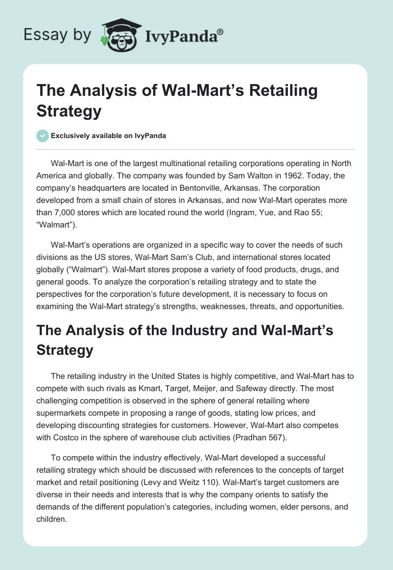 The Analysis of Wal-Mart’s Retailing Strategy. Page 1