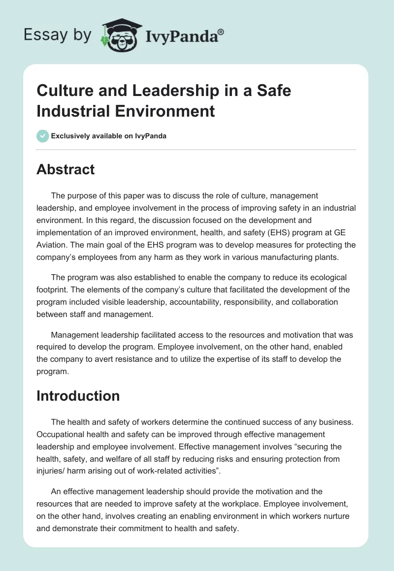 Culture and Leadership in a Safe Industrial Environment. Page 1