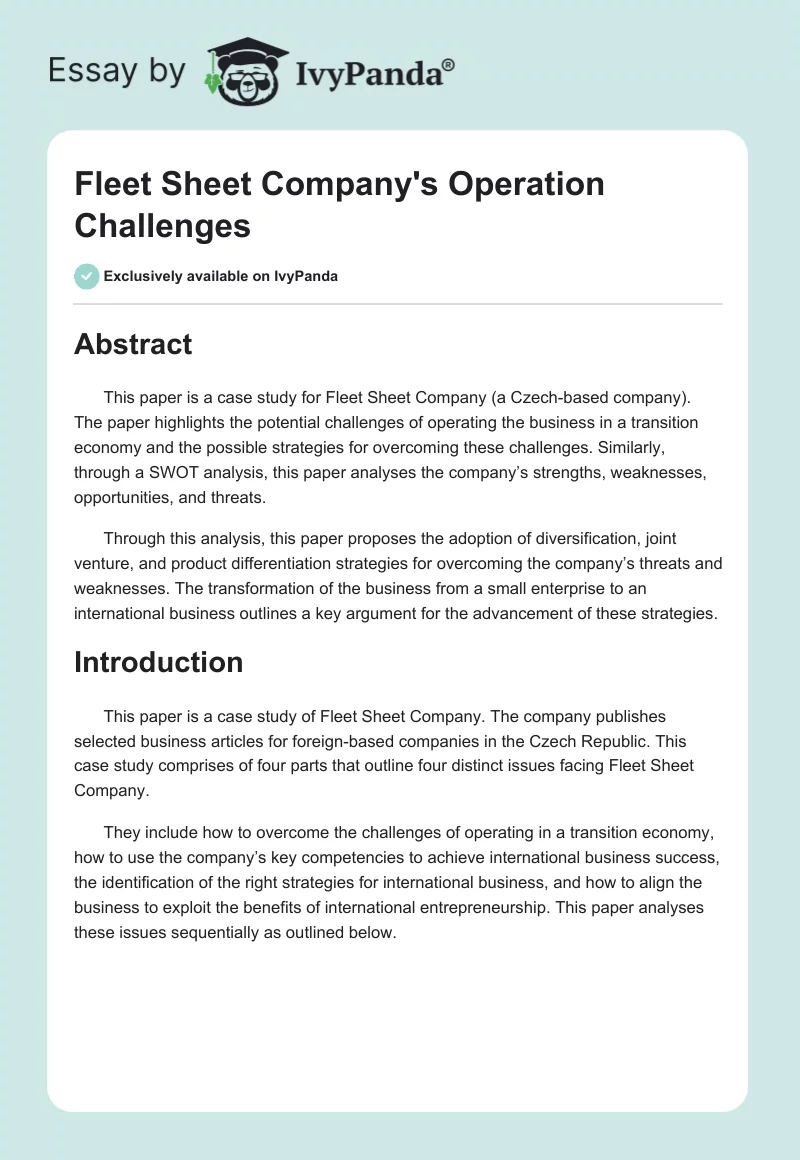 Fleet Sheet Company's Operation Challenges. Page 1