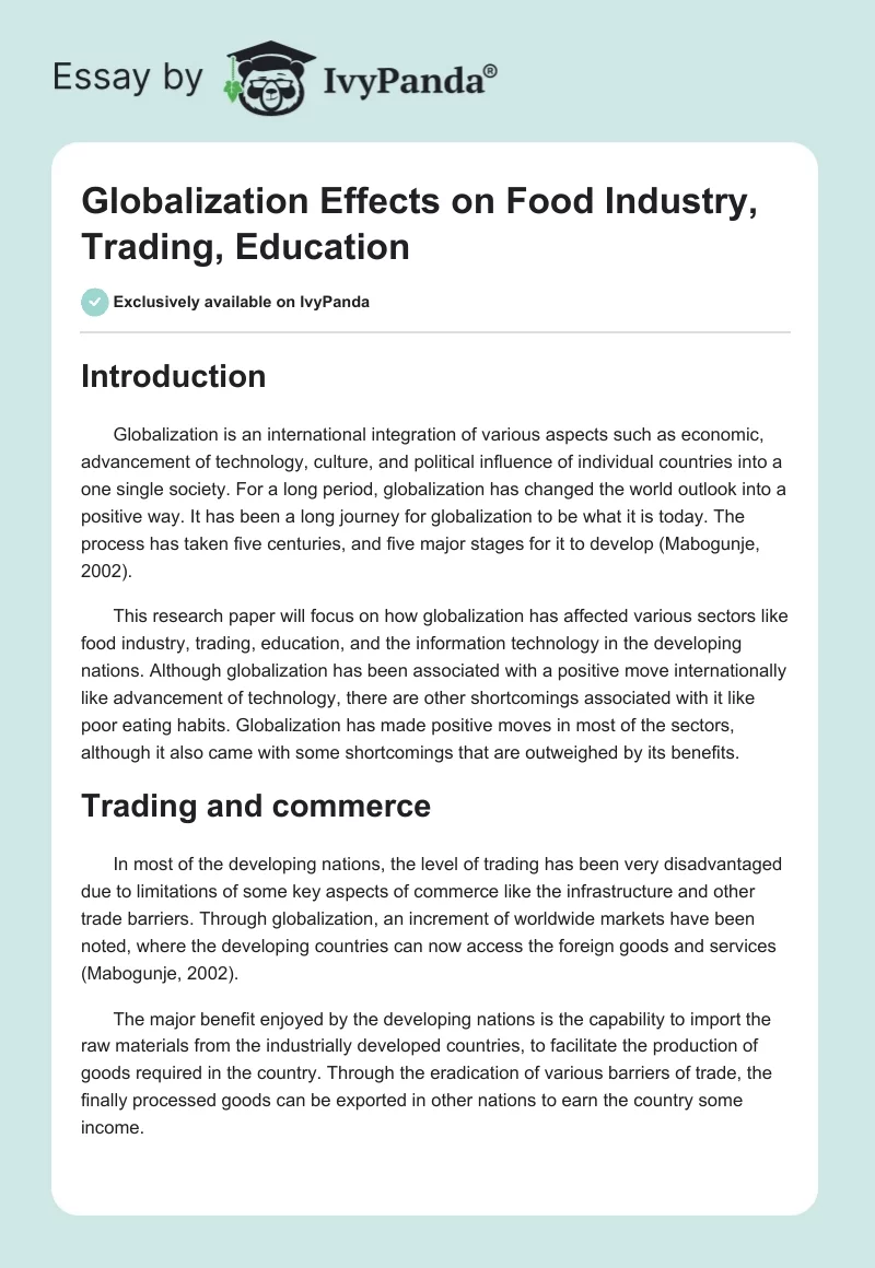 Globalization Effects on Food Industry, Trading, Education. Page 1