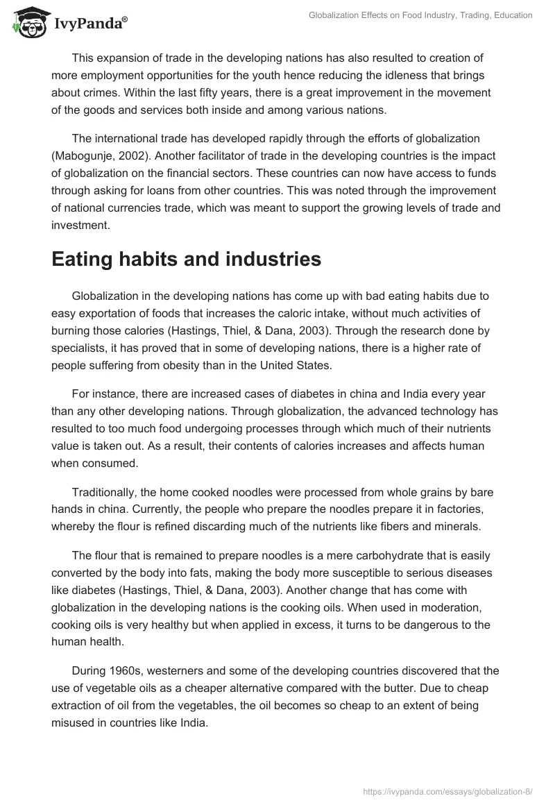 Globalization Effects on Food Industry, Trading, Education. Page 2