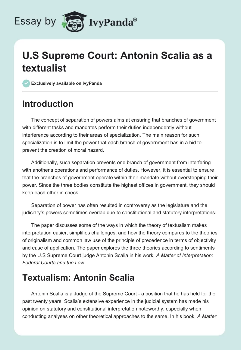 U.S. Supreme Court: Antonin Scalia as a Textualist. Page 1