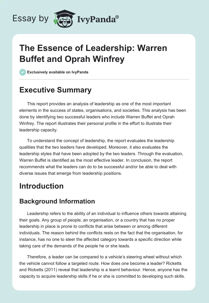 The Essence of Leadership: Warren Buffet and Oprah Winfrey. Page 1
