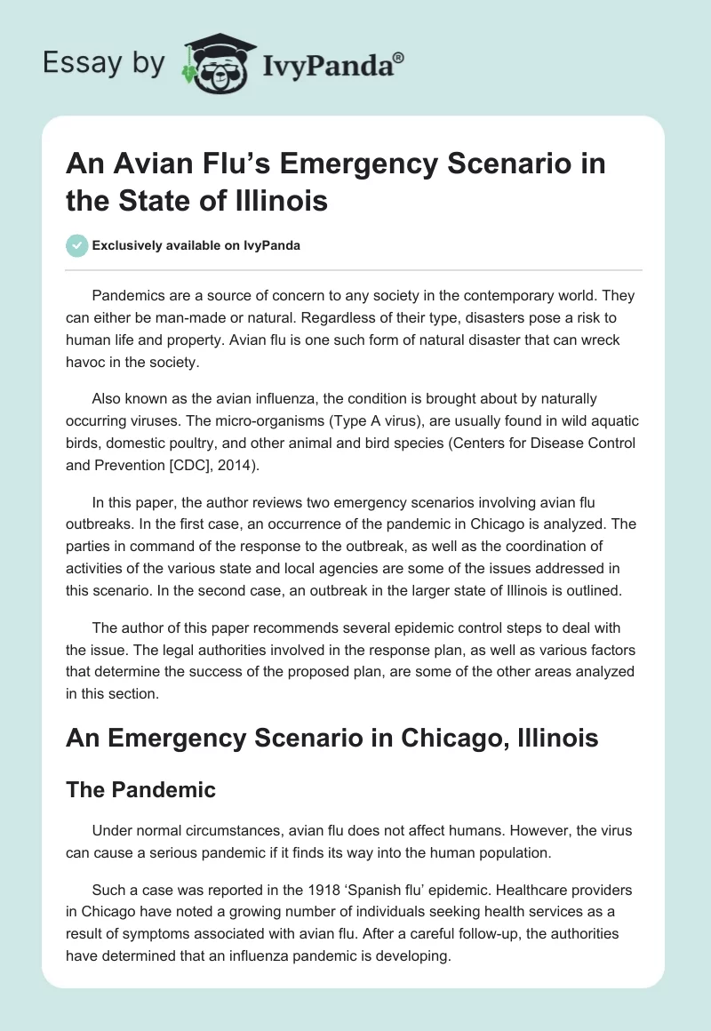 An Avian Flu’s Emergency Scenario in the State of Illinois. Page 1