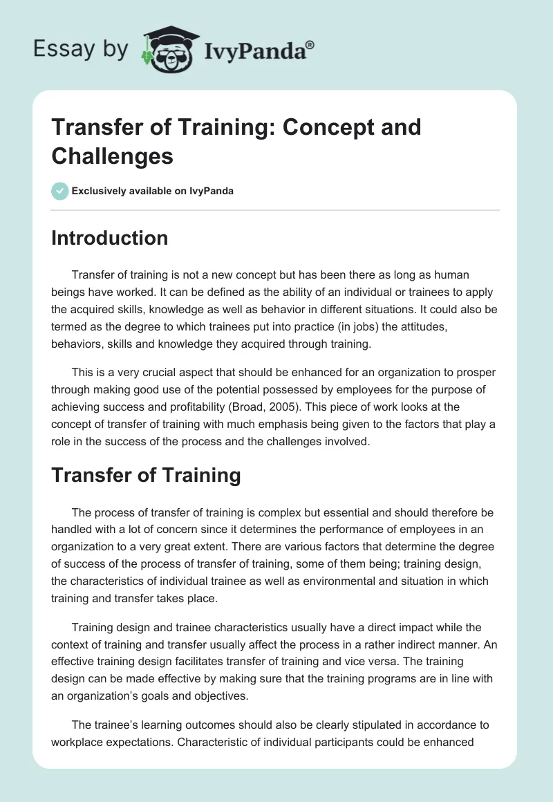 Transfer of Training: Concept and Challenges. Page 1