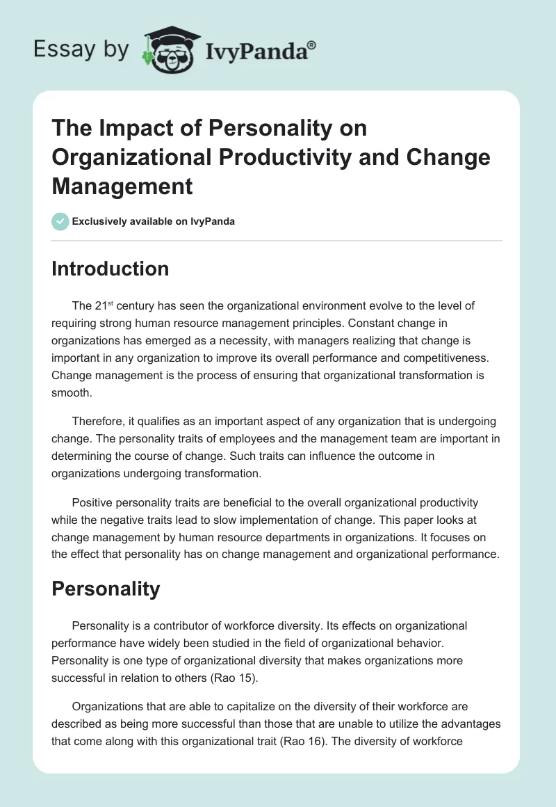 The Impact of Personality on Organizational Productivity and Change Management. Page 1