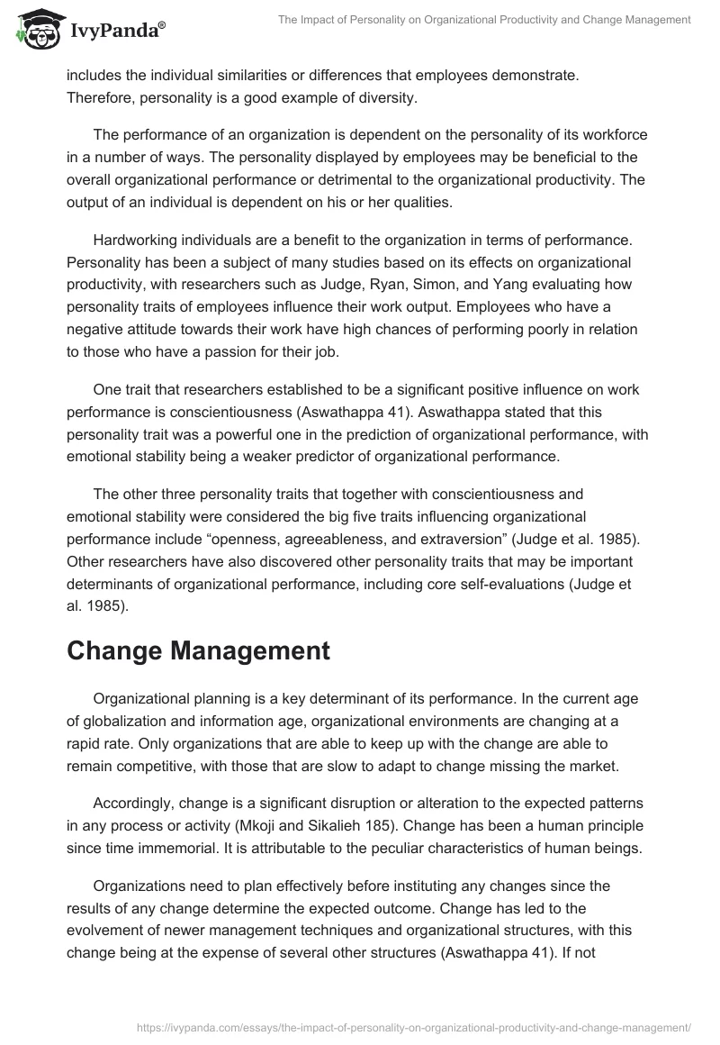 The Impact of Personality on Organizational Productivity and Change Management. Page 2