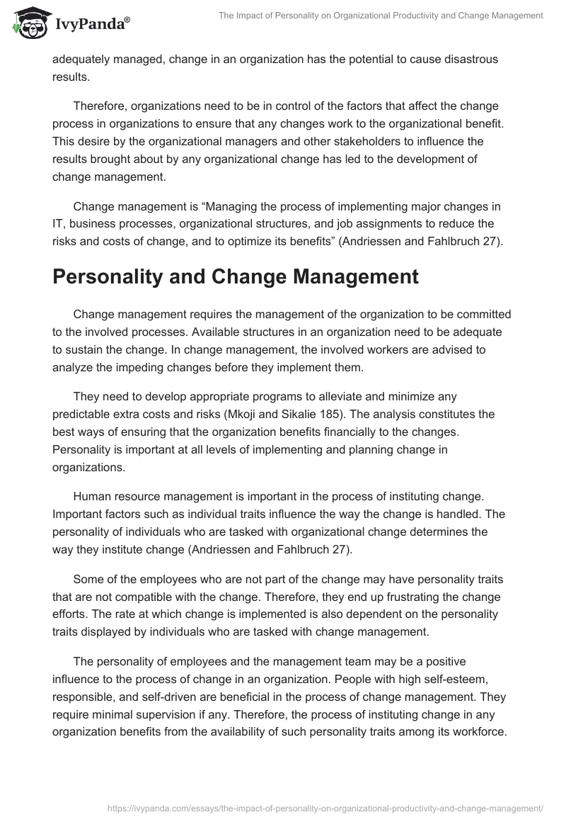 The Impact of Personality on Organizational Productivity and Change Management. Page 3