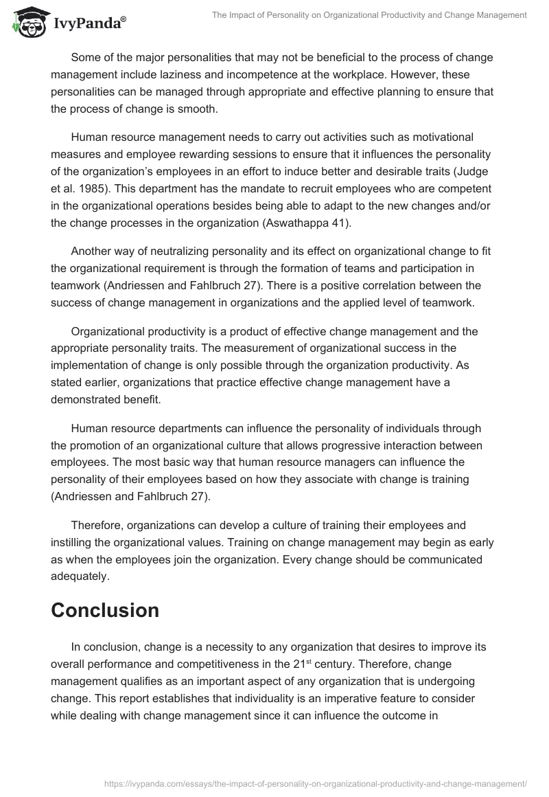 The Impact of Personality on Organizational Productivity and Change Management. Page 4