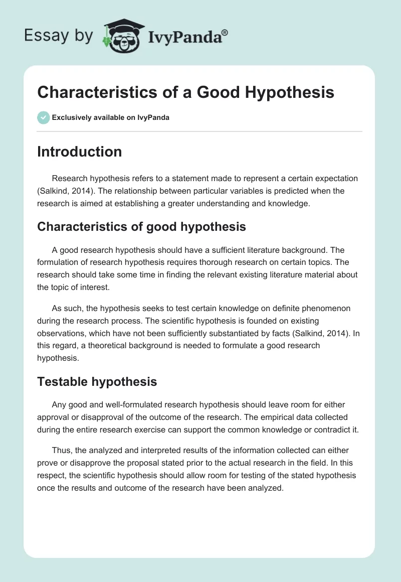 Characteristics of a Good Hypothesis. Page 1