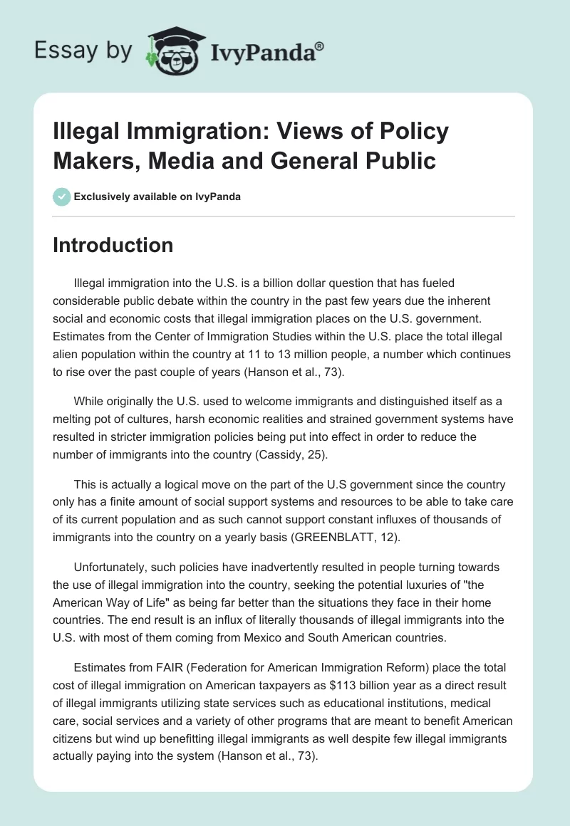 Illegal Immigration: Views of Policy Makers, Media and General Public. Page 1