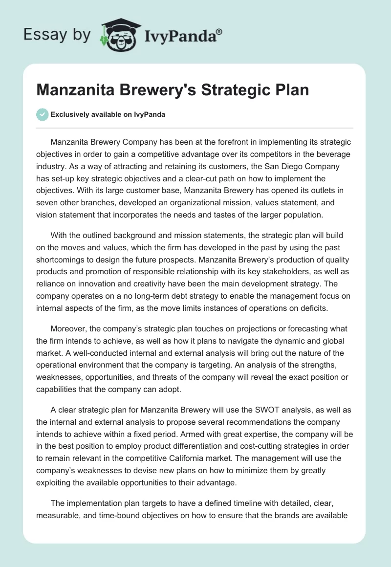 Manzanita Brewery's Strategic Plan. Page 1